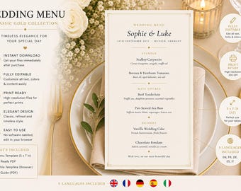 Modello di menù per matrimonio in 5 lingue, menù stampabile e modificabile, download immediato, menù per matrimonio, inglese, francese, tedesco, spagnolo, italiano