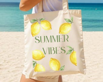 Summer Vibes Lemon Tote Bag | Citrus Cotton Canvas Tote | Summer Aesthetic Tote Bag | Cute Vacation Tote Gift