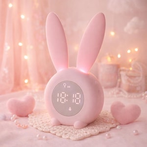May include: A pink bunny-shaped digital alarm clock with large ears and a round display showing the time 18:18. The clock sits on a lace doily, with two pink heart-shaped pillows and scattered beads. The background is a soft pink.