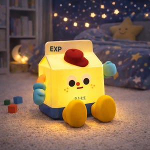 Puede incluir: Una lámpara de noche caprichosa en forma de cartón de leche amarillo, con una cara de dibujos animados, una gorra roja y detalles en azul y amarillo. La palabra "EXP" está impresa en la parte superior.