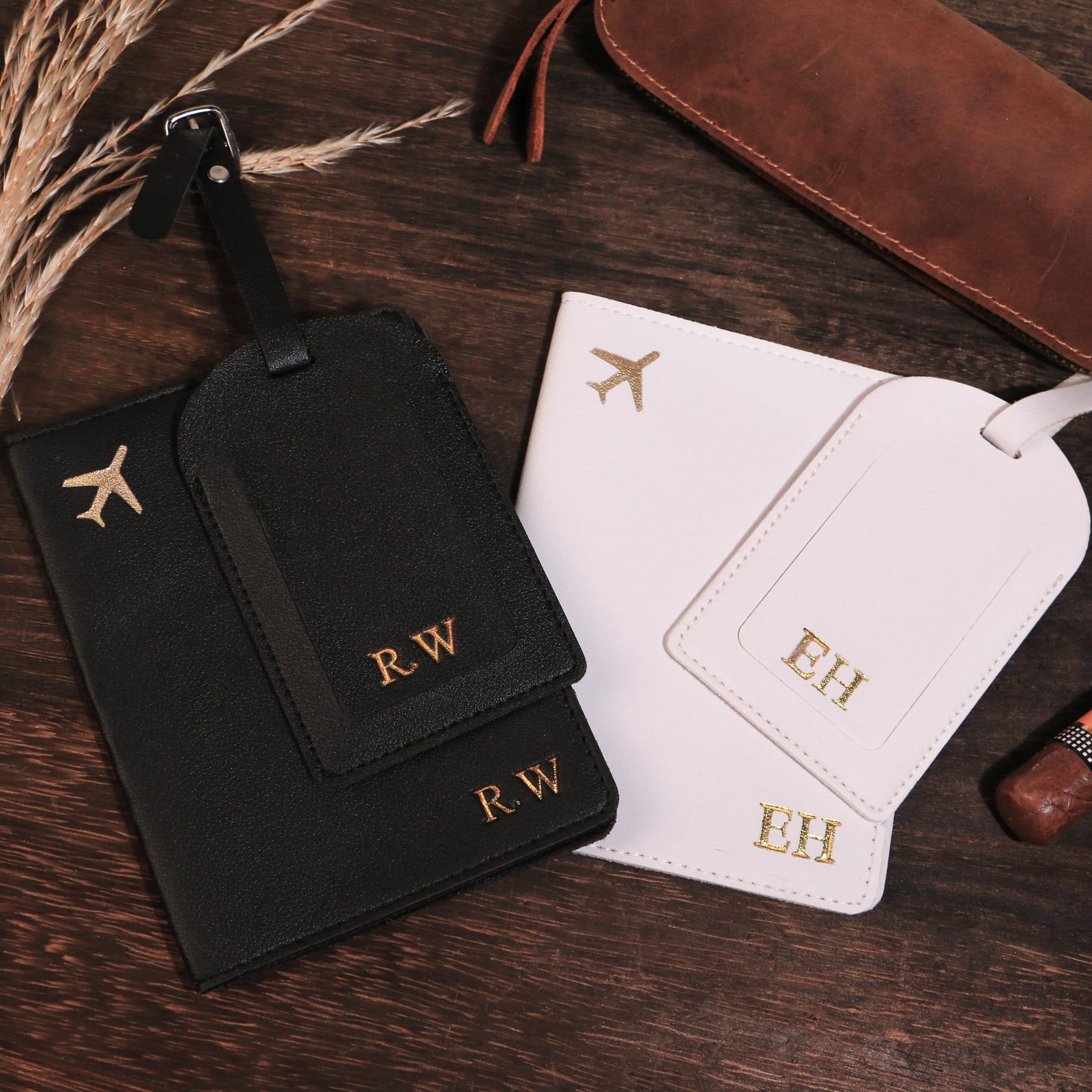 Personalized Leather Passport Holder, Travel Gift, Groomsman Wedding Gift - Black, Tag+Cover