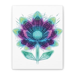 KOSTENLOSER VERSAND - Binary Flower Leinwand Kunst - Neon Cyberpunk Tech Decor, Digitaldruck