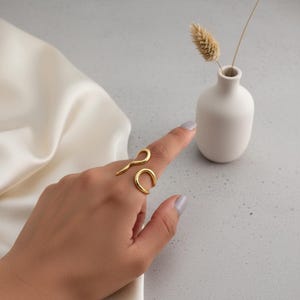 Peut inclure: Une bague dorée en forme de serpent, enroulée autour d'un doigt. La bague a un design incurvé et ouvert avec une forme de serpent. L'arrière-plan comprend un petit vase blanc avec une tige de plante séchée et un tissu de satin blanc.
