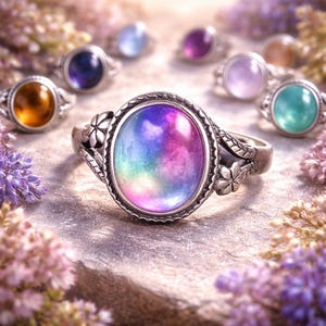 Peut inclure: Plusieurs bagues en argent ornées de pierres précieuses ovales colorées. La bague centrale présente une grande pierre irisée aux teintes bleues, violettes et roses. D'autres bagues affichent des pierres de couleurs variées, comme l'orange, le violet et le turquoise.
