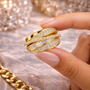 Peut inclure: Une bague en or avec plusieurs bandes, ornée de pierres précieuses claires et étincelantes. La bague présente un mélange de pierres rondes et de taille baguette, créant un affichage éblouissant. La bague est tenue sur un fond flou et doux.