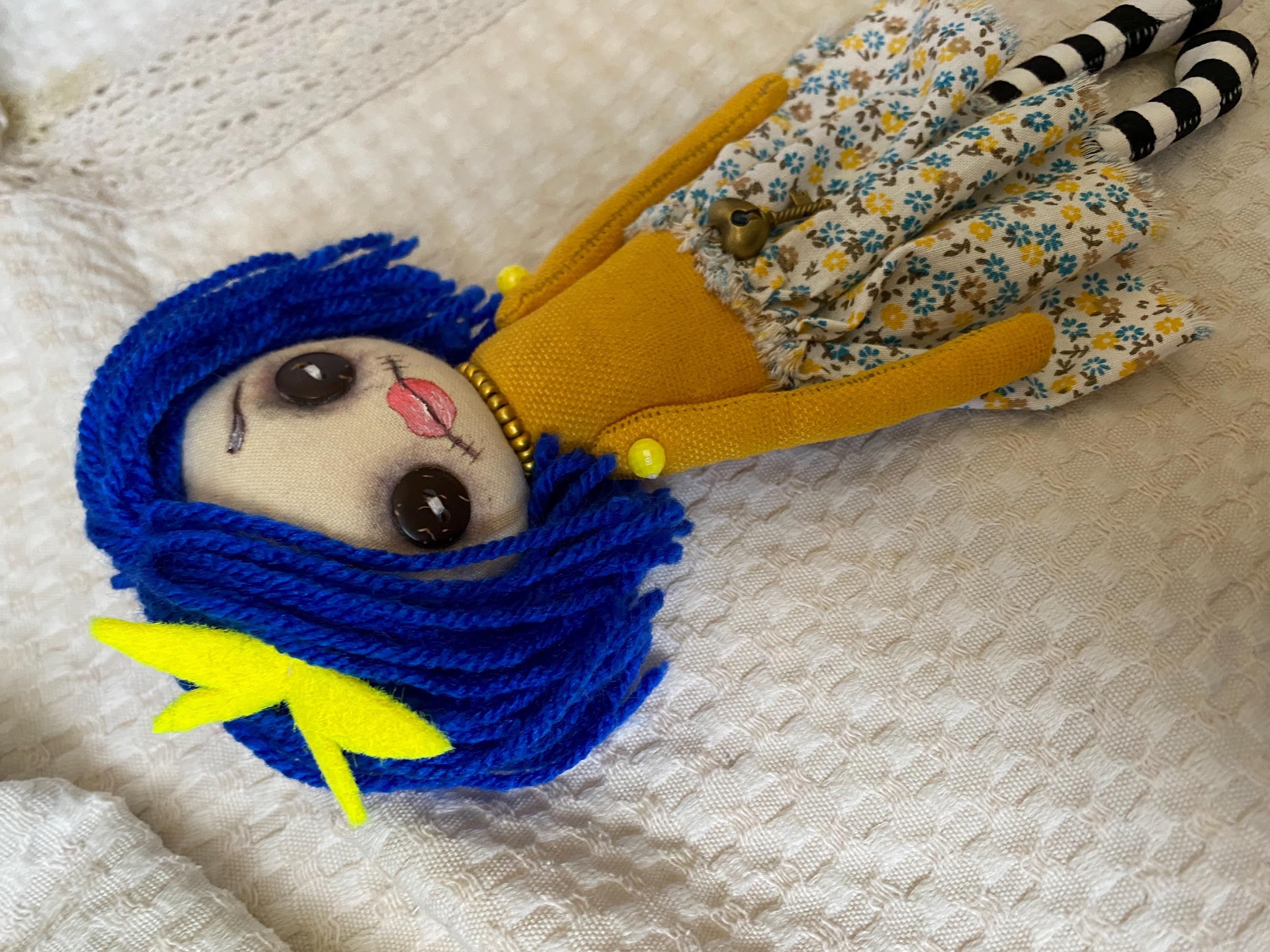 Miniature Coraline Inspired Rag Doll, Tiny Fabric Doll With Blue Hair ...