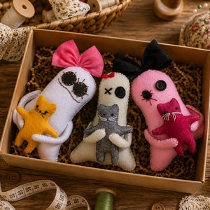 May include: Three handmade felt plush figures in a cardboard box. The left figure is white with a pink bow and holds a yellow cat. The center figure is light gray with a red bow and holds a gray cat. The right figure is pink with a black bow and holds a magenta cat.