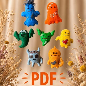 May include: A collection of seven small, colorful felt monster and ghost plushies featuring hand-stitched details, button eyes, and embroidered expressions. The text "PDF EASY TO SEW" is printed in orange at the bottom of the image.