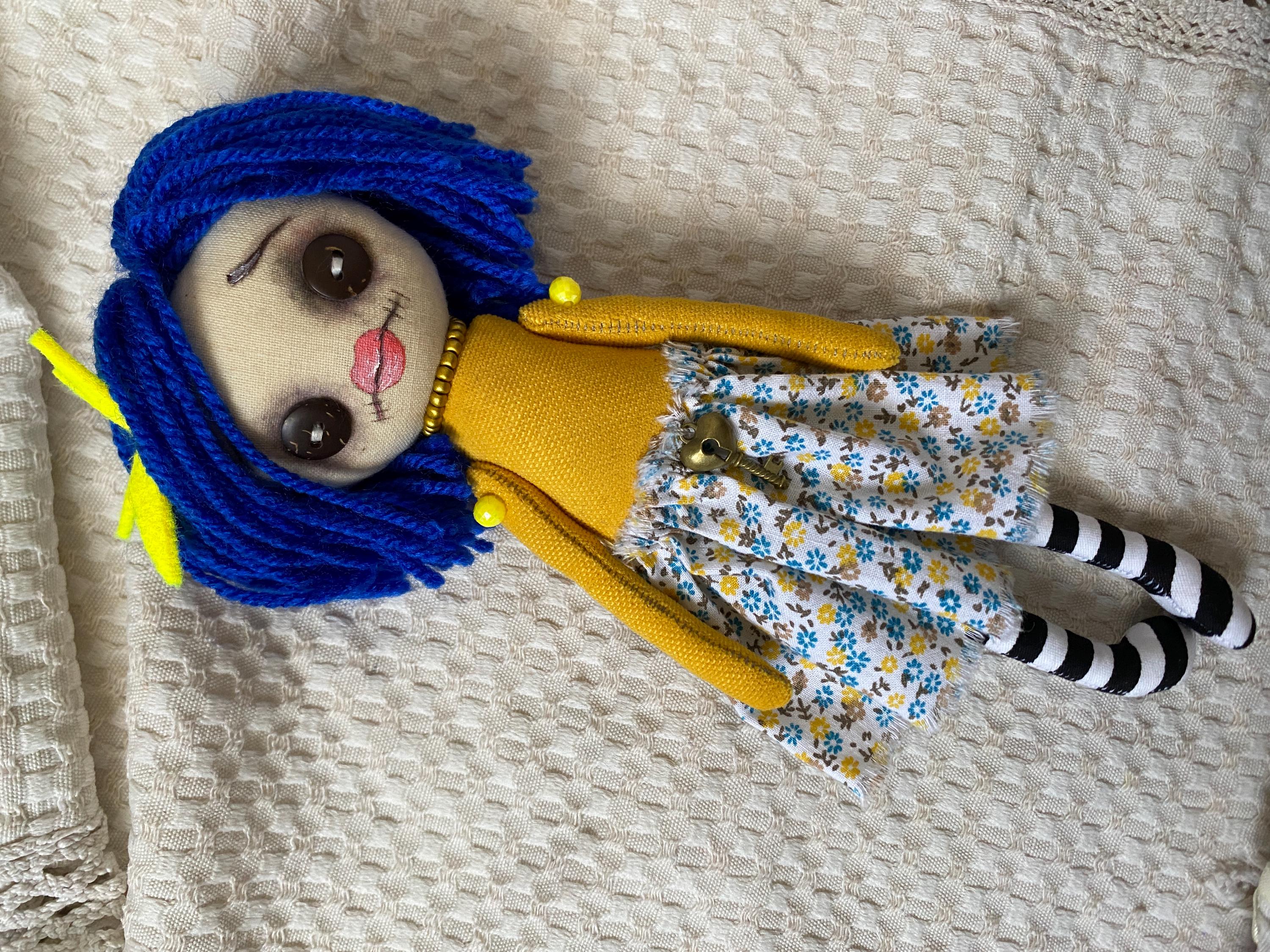 Miniature Coraline Inspired Rag Doll, Tiny Fabric Doll With Blue Hair ...
