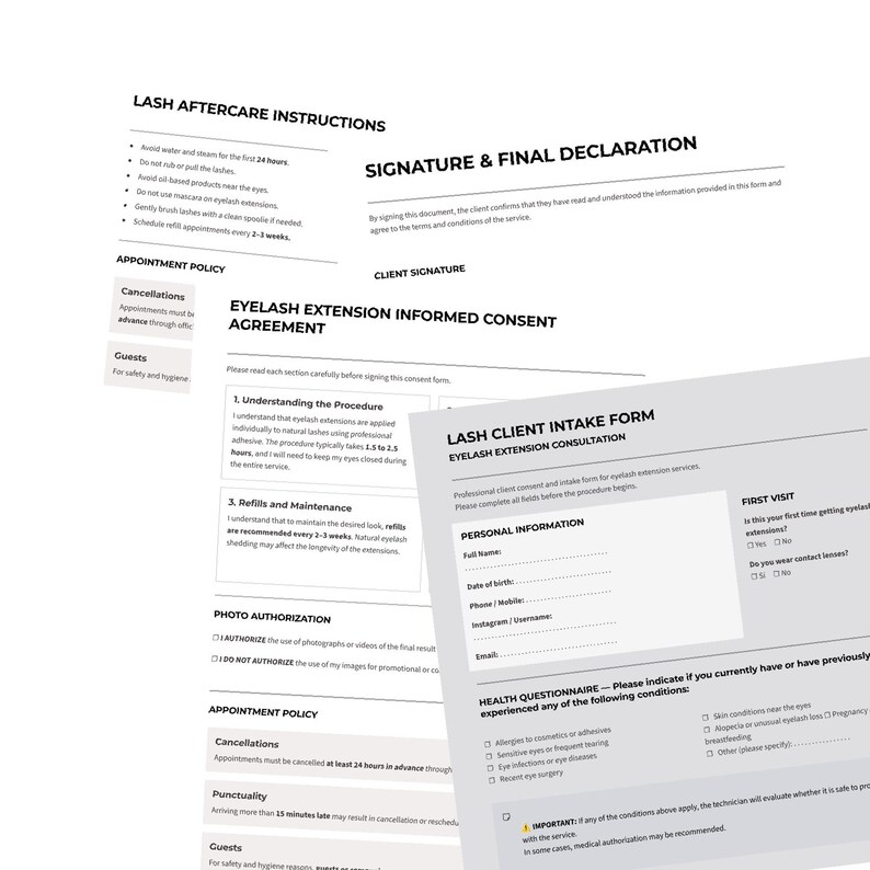 May include: Several white forms with black text, including "Lash Aftercare Instructions," "Eyelash Extension Informed Consent Agreement," and "Lash Client Intake Form." The forms are for eyelash extension services.