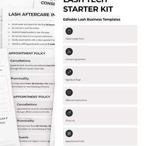 Op de afbeelding: Een witte en zwarte Lash Tech Starter Kit met bewerkbare sjablonen. De kit bevat een klantintakeformulier, toestemmingsformulier, handtekeningpagina, nazorginstructies, prijslijst en afsprakenkaart.