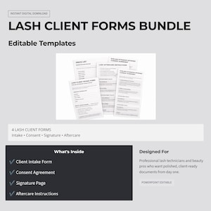 May include: A digital download bundle of lash client forms. The forms include intake, consent, signature, and aftercare instructions. The bundle is designed for professional lash technicians and beauty pros. The forms are editable templates.