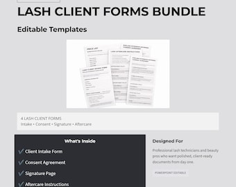 Pakiet formularzy klienta Lash Clients do edycji w programie PowerPoint, formularz przyjęcia rzęs, formularz zgody, strona z podpisem, karta pielęgnacji, szablon technologii rzęs