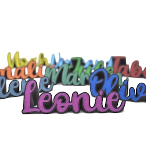 Könnte beinhalten: Eine Sammlung farbenfroher Namensausstanzungen aus schaumstoffähnlichem Material in verschiedenen Farben, darunter Lila, Blau, Grün und Gelb. Die Namen sind in einer Schreibschrift gehalten und vor einem weißen Hintergrund platziert. Der Name "Leonie" steht im Fokus.