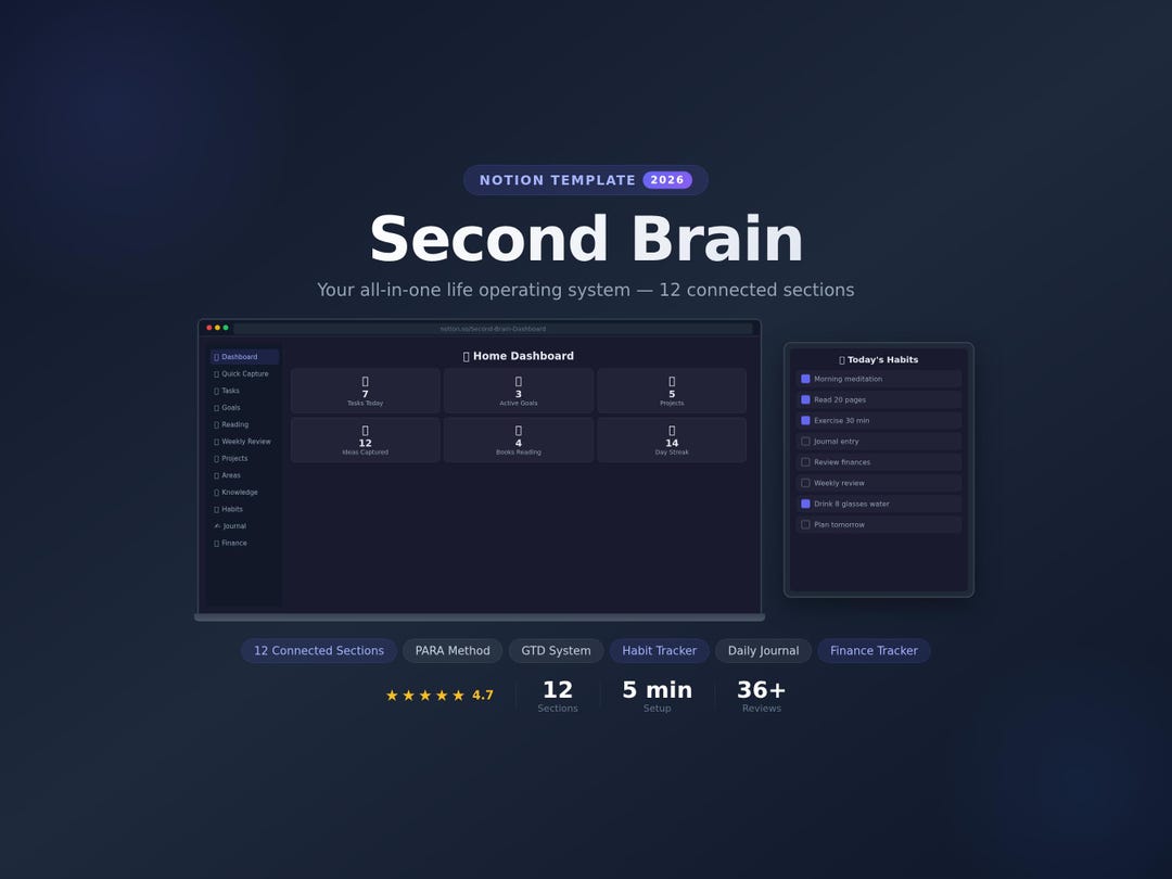 Second Brain Notion Dashboard | PARA Method Life Planner | GTD ...