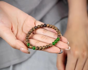 Aromatic Agarwood Mala Bracelet, Green Jade & Earthy Wood Beads, Boho Gift for Her/Him