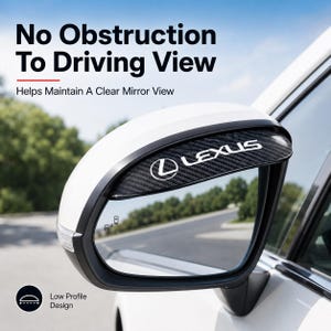May include: A black carbon fibre textured side mirror rain guard with the white Lexus logo attached to a white vehicle side mirror. The text No Obstruction To Driving View and Helps Maintain A Clear Mirror View are visible above the mirror.
