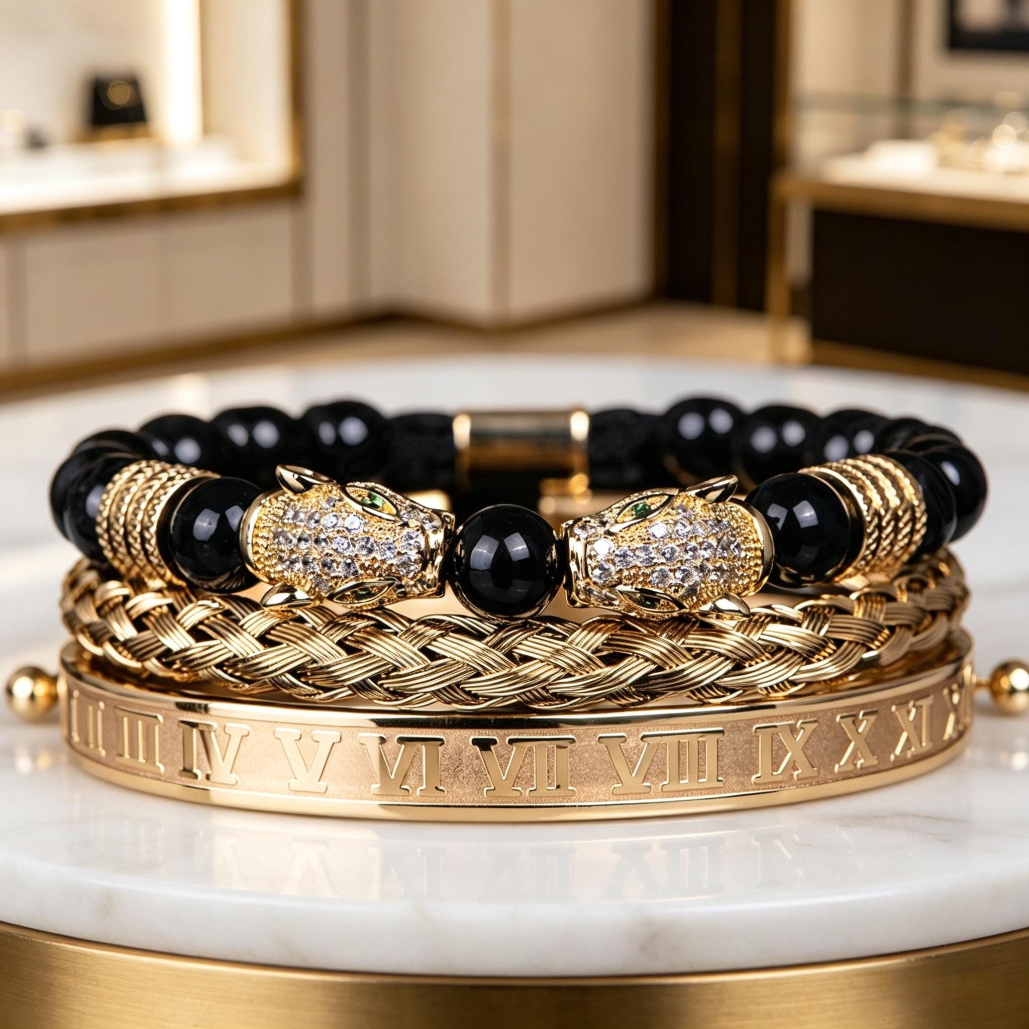 Mens Gold Panther Bracelet Stack Black Onyx Beaded Roman Numeral Bangle…