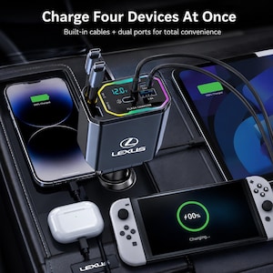 Compatible With Lexus 152W Car Charger Fast Charging Adapter Built In Retractable Cables USB C Lightning Travel Accessory