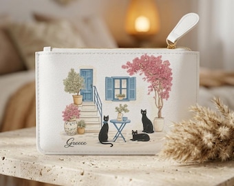 Greek Courtyard Cats Mini Clutch Bag | Black Cats, Blue Shutters, Potted Plants