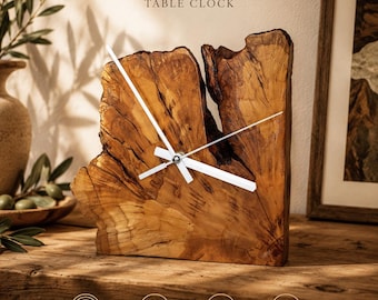 Handmade Olive Wood Table Clock, Rustic Modern Desk Clock, Organic Wooden Decor, Sculptural Olive Wood Art, Unique Gift for Home Office
