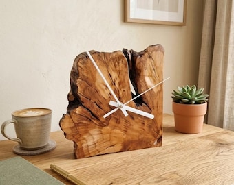 Handcrafted Olive Wood Desk Clock, Natural Grain, Silent Quartz Mechanism, Rustic Home Decor