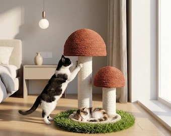 Rascador para gatos con forma de seta, bonito árbol para gatos con base de césped artificial realista para gatos de interior.