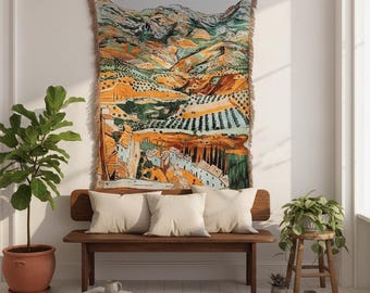 Arazzo da parete mediterraneo, arazzo paesaggistico tessuto a mano, arte tessile costiera italiana, idea regalo per la decorazione murale in stile boho.