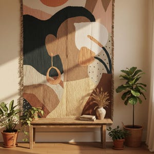 Abstrakter Wandteppich, gewebter Boho-Wandbehang, neutrale japanische Textilkunst, großes modernes Deko-Geschenk