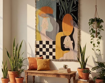 Abstract Face Wall Tapestry, Woven Wall Hanging, Boho Wall Decor, Matisse Textile Art, Large Modern Wall Art Housewarming Gift