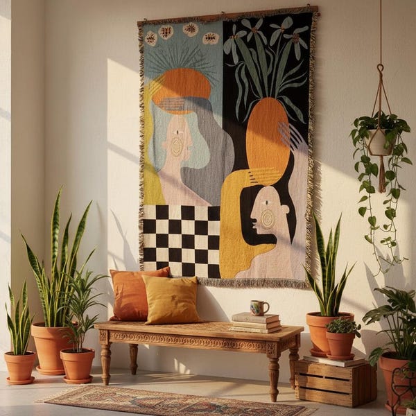 Arazzo da parete con volto astratto, arazzo tessuto, decorazione murale boho, arte tessile Matisse, grande opera d'arte moderna da parete, regalo per l'inaugurazione della casa.