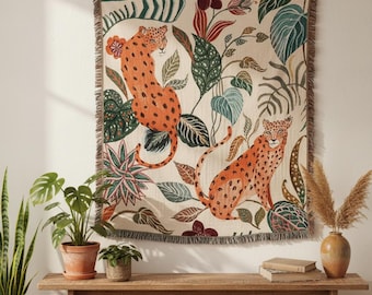 Geweven wandtapijt met luipaardprint, boho wanddecoratie met junglemotief, botanische plaid, esthetisch cadeau voor kamerdecoratie