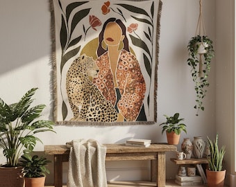 Arazzo da parete con leopardo femminile, decorazione murale boho giungla, arte murale femminile con animali, decorazione estetica per la stanza, regalo moderno per camera da letto e soggiorno