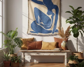 Arazzo in stile Matisse raffigurante una donna blu, arazzo astratto da parete, coperta tessuta, decorazione boho con linee artistiche, regalo artistico femminile