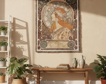 Wandtapijt met dierenriemmotief, hemels geweven tapijt, art nouveau wanddecoratie, boho wanddecoratie met astrologie als cadeau, decoratie in Mucha-stijl