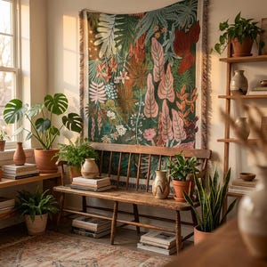 Tropische Blätter-Wanddecke, botanischer Wandteppich, Boho-Sofadecke aus Baumwolle mit Fransen, Einzugsgeschenk