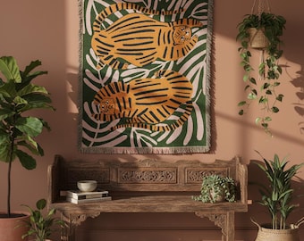 Coperta tessuta con stampa tigrata, coperta arazzo, tessuto decorativo boho per pareti, plaid per divano con stampa animalier, regalo di design per la camera da letto.