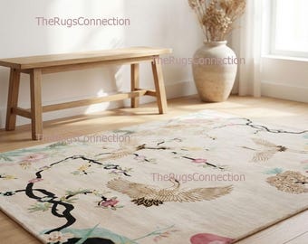 Handgetufteter Wollteppich Vögel Schmetterling Blumen Teppich | Blumenbereich 23x30cm 10x14