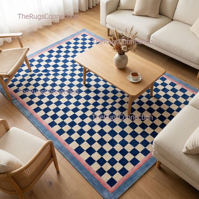 Hand Tufted Blue Geometric Rug Checkered Style Wool Living Room Bedroom ...