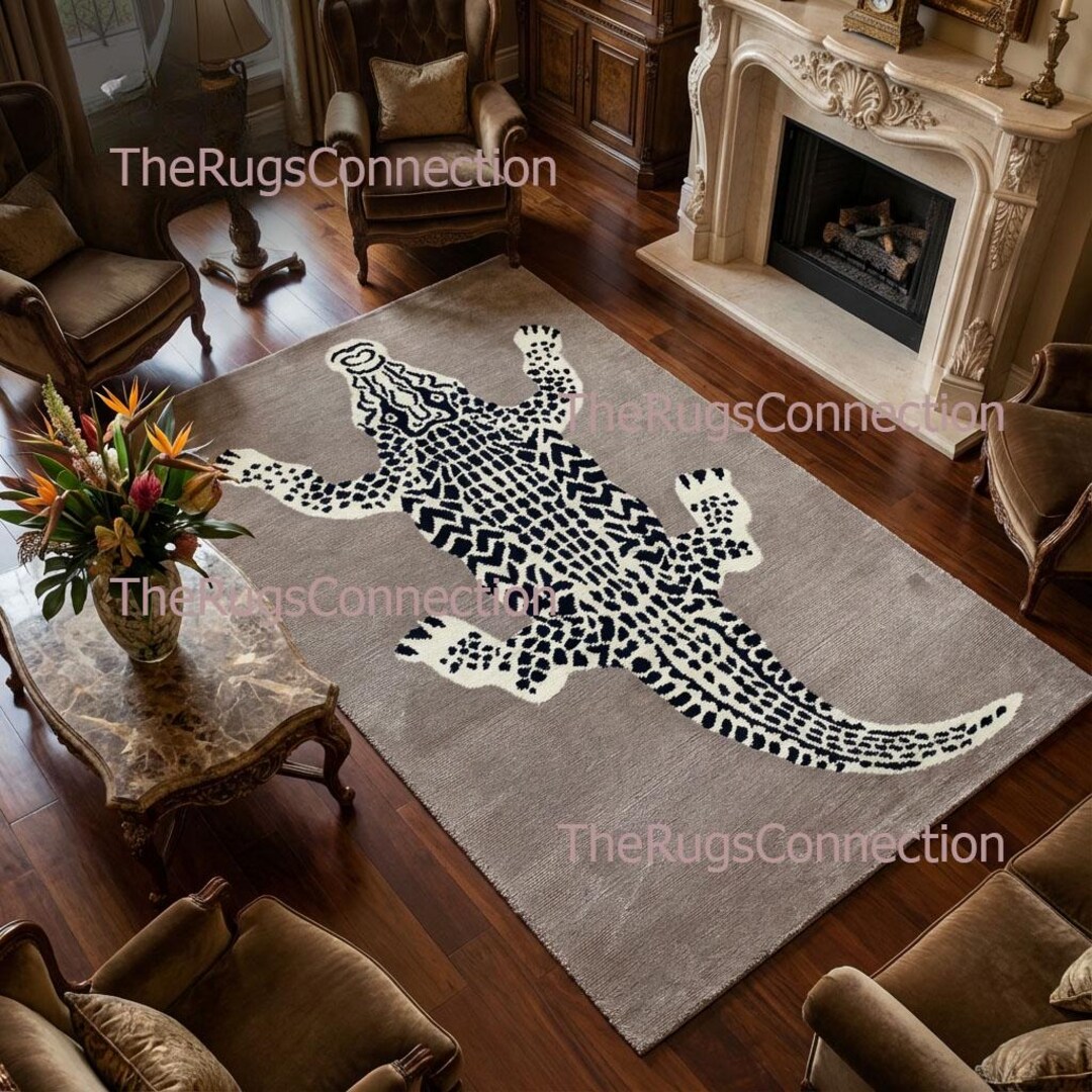 Anteater Rug Alligator Hand Tufted Wool Rug, Modern Animal Area Carpet, Taupe Grey ...