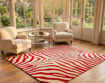 Roter Zebra-Teppich | Tierdruck-Stil | Hand getuftet Wolle | Wohnzimmer 20x30 | Individuell