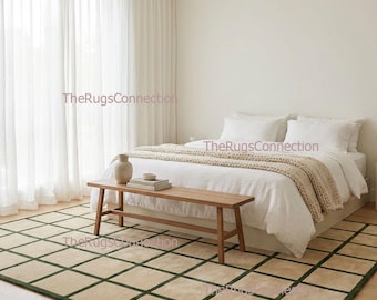 Handgetufteter Gitter Teppich Geometrisch Grün Elfenbein Wolle Wohnzimmer 23x30 cm