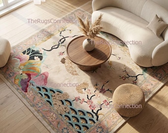 Designer Hand getuftet Wollteppich Botanischer Orientteppich Blumenbereich 23x30, 10x14