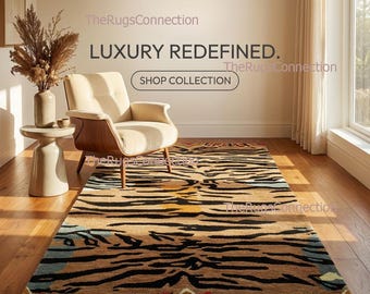 Hand getufteter Wollteppich | Tiger Print Teppich | Safari-Stil Vintage Look 23x30cm 10x14