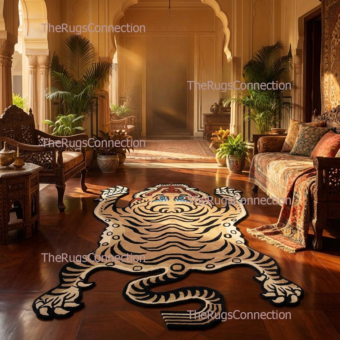 Preppy Tiger Rug Tiger Area Rug | Tibetan Tiger Style | Hand Tufted Wool | Living Room ...