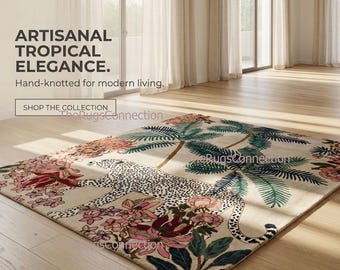 Leopard Blumenteppich | Safari im tropischen Stil | Handgemachte Wolle | Wohnzimmer 20x30 | Individuell