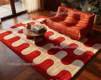 Roter Ivory Abstrakter Teppich Handgetufteter Wollteppich Moderner Wohnzimmer Bereich Teppich Personalisiert