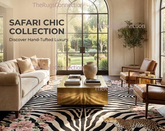 Handgetufteter Wollteppich Safari Chic Teppich | Zebra Leopard Blumen Wohnzimmer 200x260 | Individuell