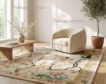 Blumenvogel Teppich | Orientalischer Botanischer Stil | Handgemachte Wolle | Wohnzimmer 20x30 | Individuell