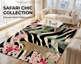 Handgetufteter Teppich Wolle Viskose Luxus Leopard Teppich | Safari Tier Floral 23x30cm